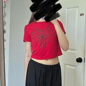 SHEIN true red spiderweb heart crop tee